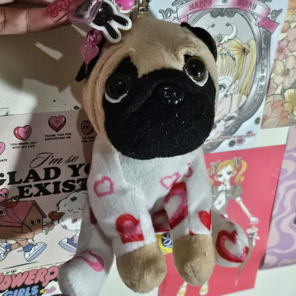 Handmade Pug Plushie Keychain with Pink Bow Charm