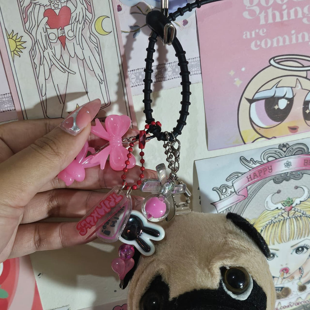 Handmade Pug Plushie Keychain with Pink Bow Charm