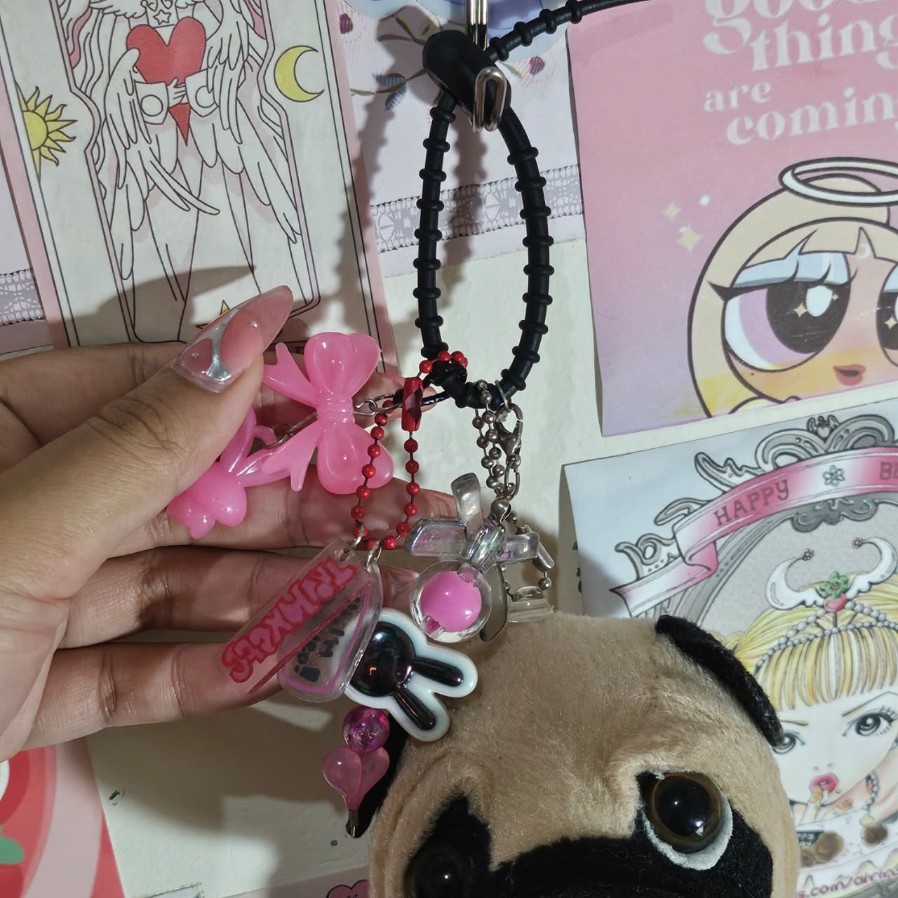 Handmade Pug Plushie Keychain with Pink Bow Charm