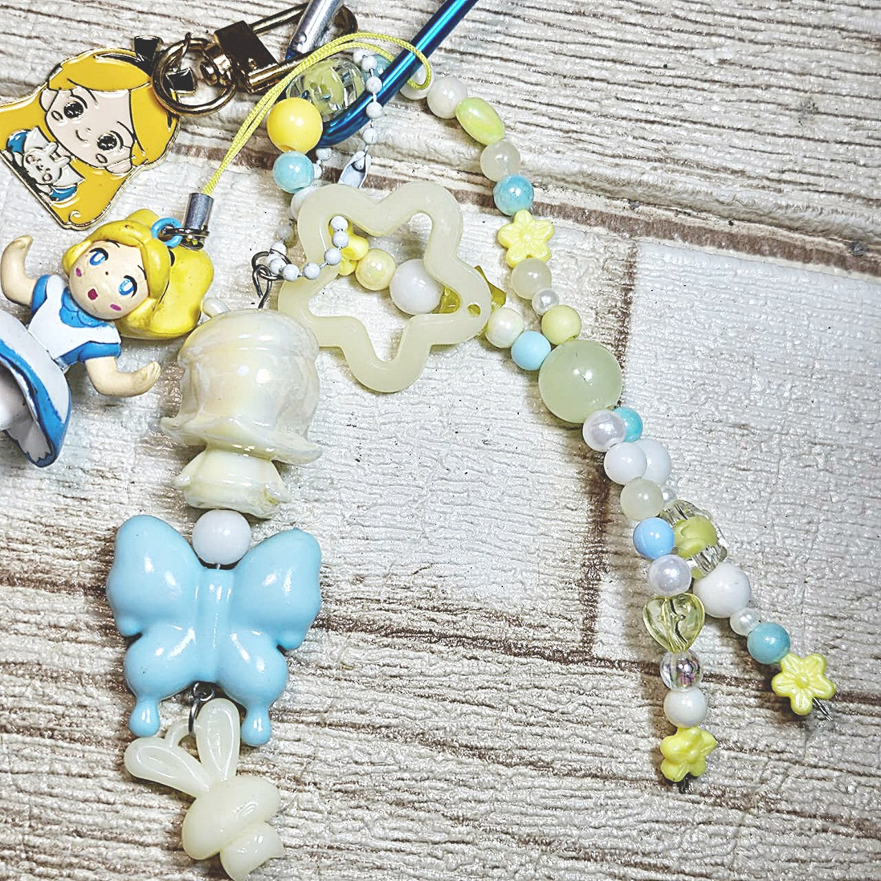 Handmade Alice in Wonderland Keychain with Glow Charms & Beaded Strap