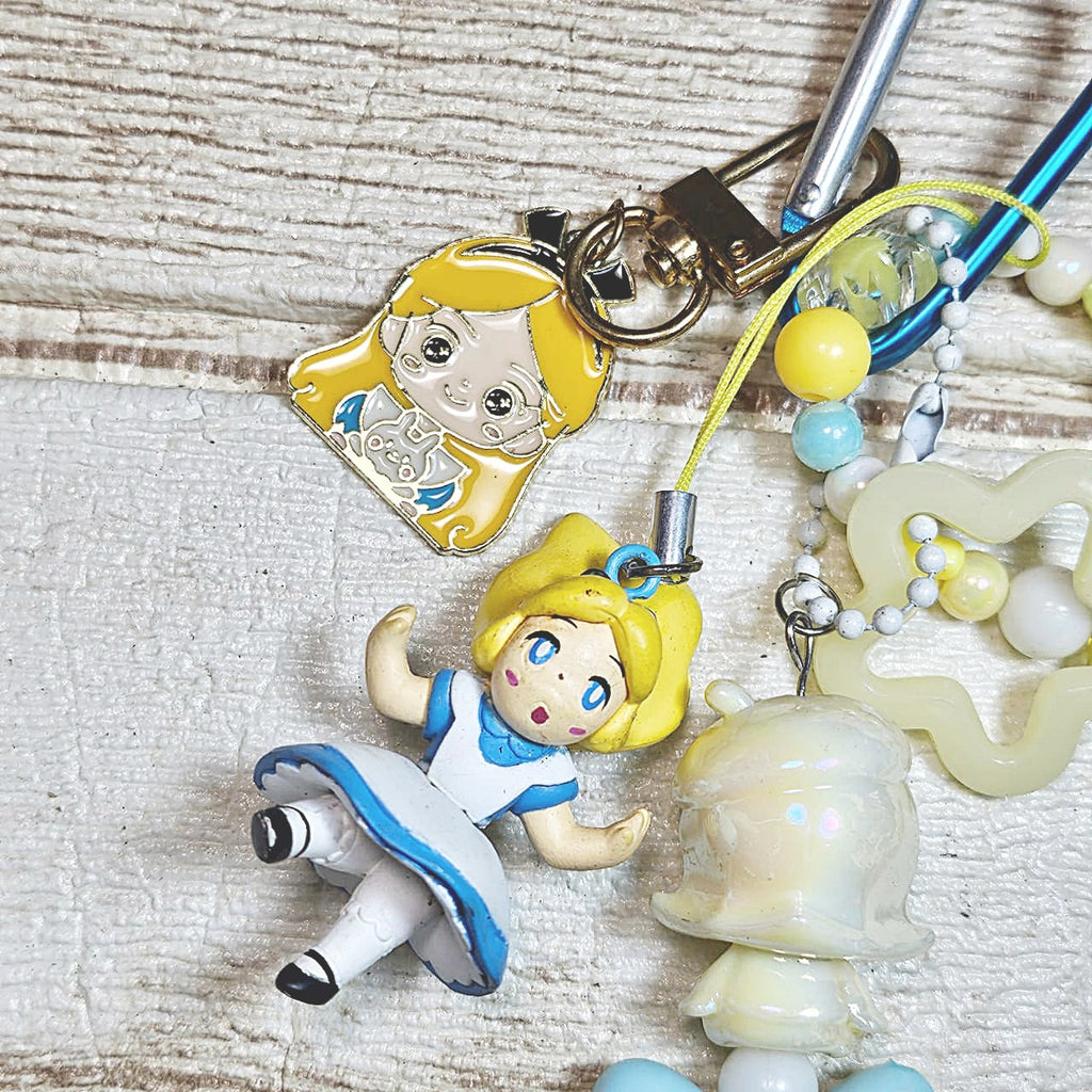 Handmade Alice in Wonderland Keychain with Glow Charms & Beaded Strap
