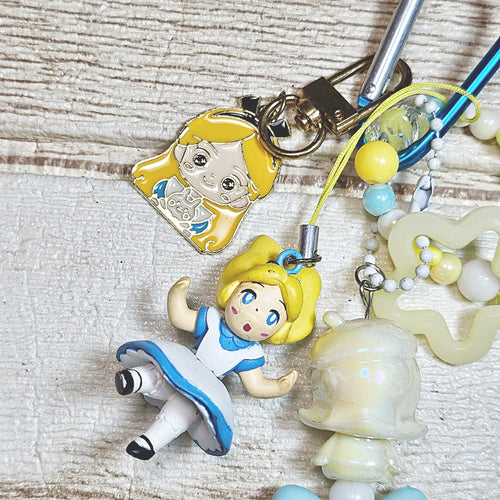 Handmade Alice in Wonderland Keychain with Glow Charms & Beaded Strap