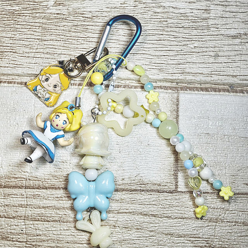 Handmade Alice in Wonderland Keychain with Glow Charms & Beaded Strap